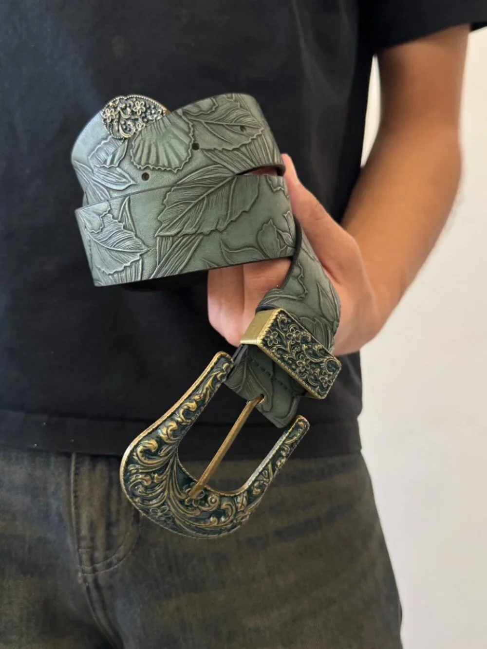 Sage Green Tooled Embossed Western Belt